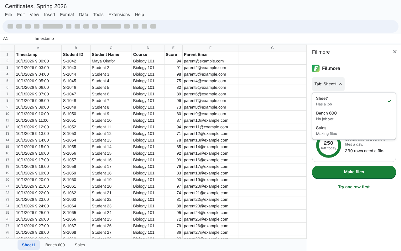 The Fillmore sidebar with its tab menu open. Each tab in the sheet shows if it has a job.